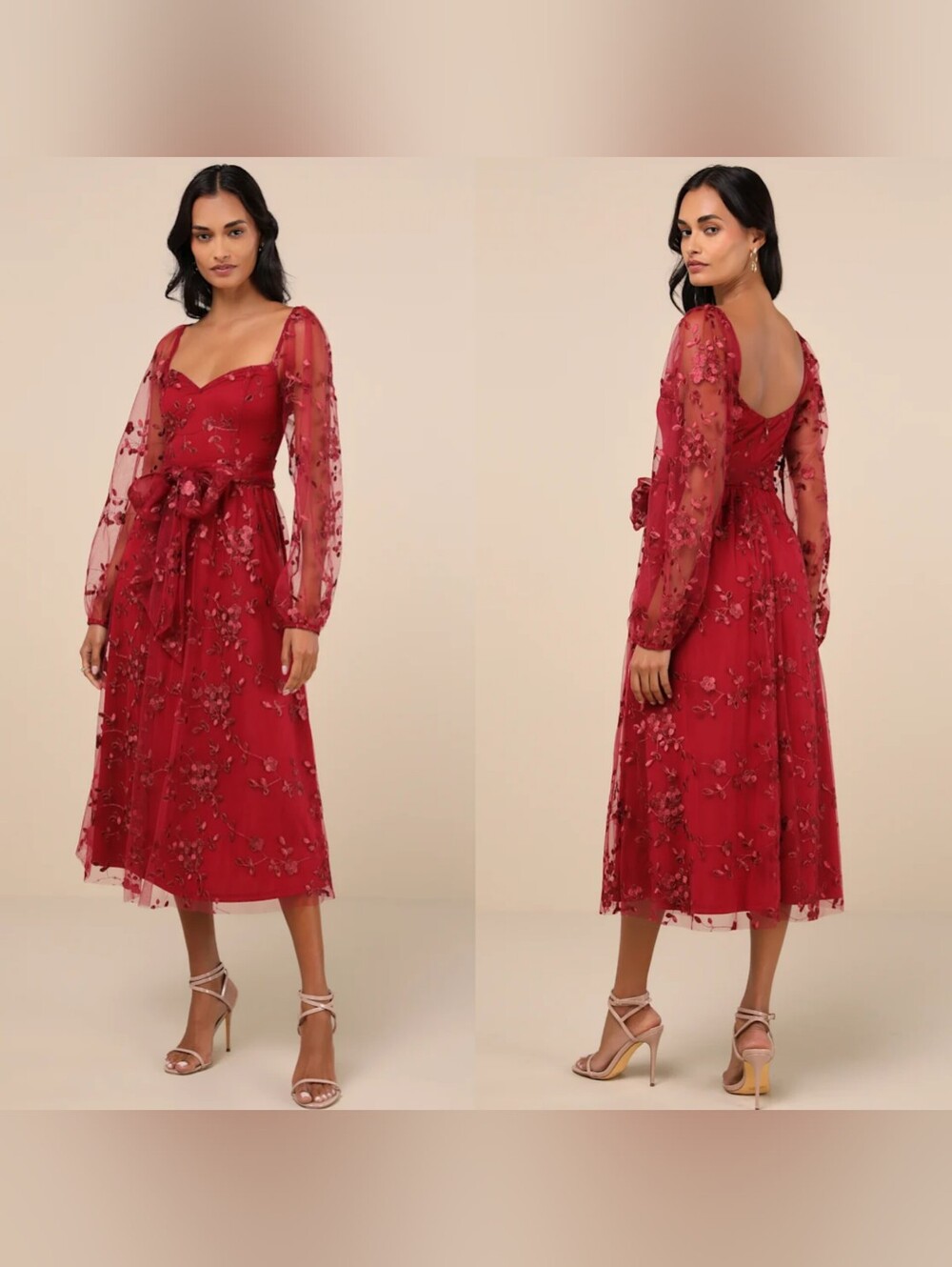 Lulus Darling Charisma Wine Red Mesh Embroidered Midi Dress XXL Wedding Party